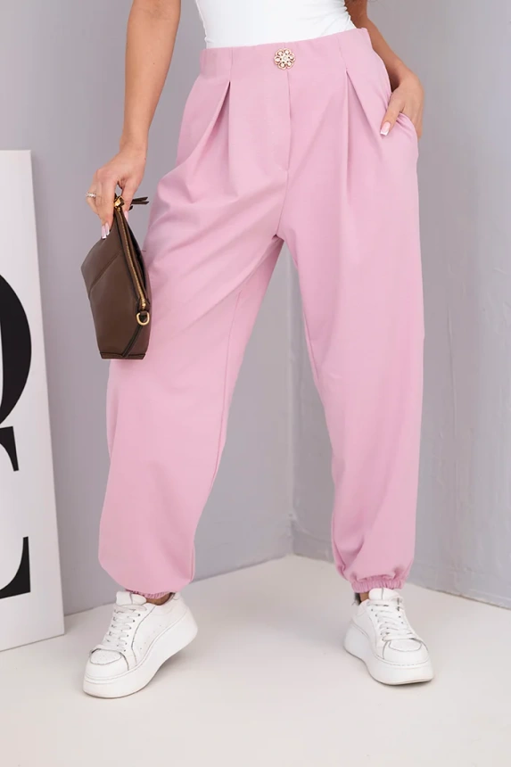 37917_2 Moteriški medvilniniai kelnės su aukštu liemeniu ir dekoratyviniu mygtuku tamsiai