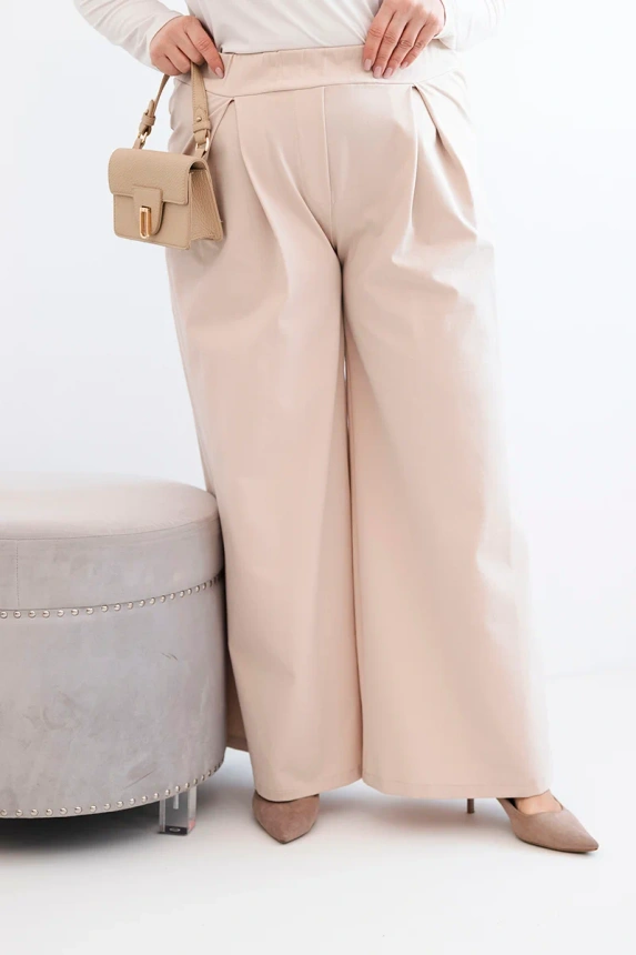 37963_4 Dydžių moterų kelnės su plačiomis kojomis ir klostėmis bežinė