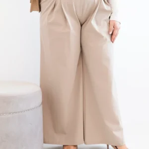 Moteriškos Plus Size kelnės su plačiomis kojomis ir raukiniais tamsiai bežinės