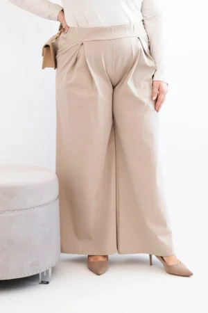 Moteriškos Plus Size kelnės su plačiomis kojomis ir raukiniais tamsiai bežinės