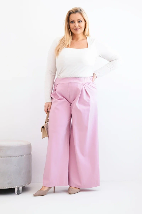 37966_1 Moteriški Plus Size kelnės su plačiomis kojomis ir raukšlėmis šviesiai - Image 2