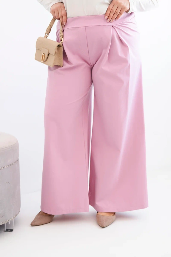 37966_3 Moteriški Plus Size kelnės su plačiomis kojomis ir raukšlėmis šviesiai