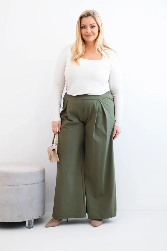 37971_1 Damski Plus Size kelnės su plačiomis kojomis ir klostėmis khaki - Image 2