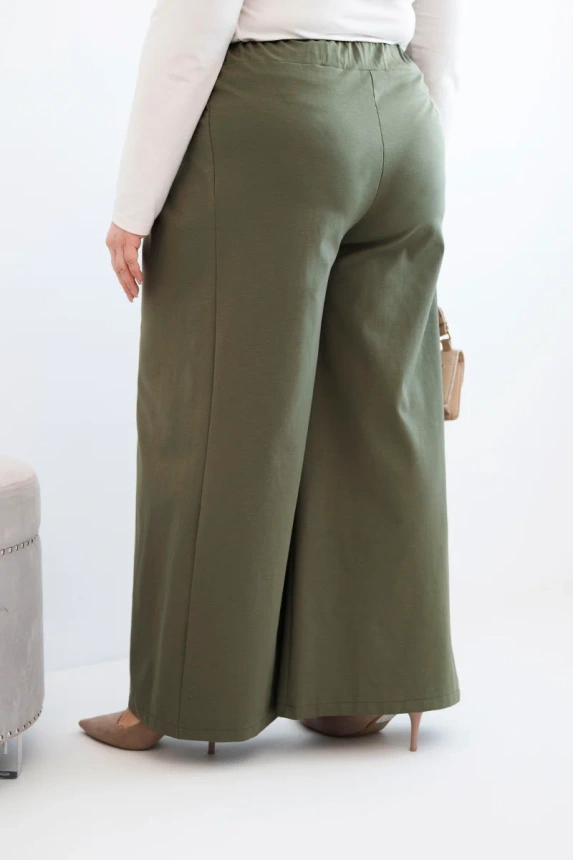 37971_2 Damski Plus Size kelnės su plačiomis kojomis ir klostėmis khaki - Image 3