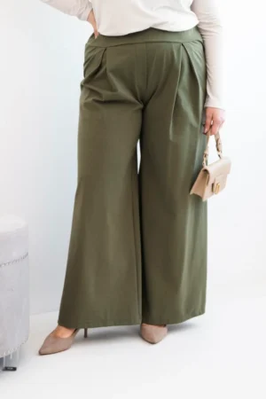 Damski Plus Size kelnės su plačiomis kojomis ir klostėmis khaki