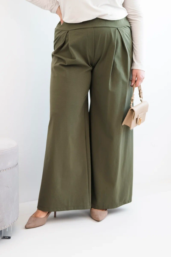 37971_4 Damski Plus Size kelnės su plačiomis kojomis ir klostėmis khaki