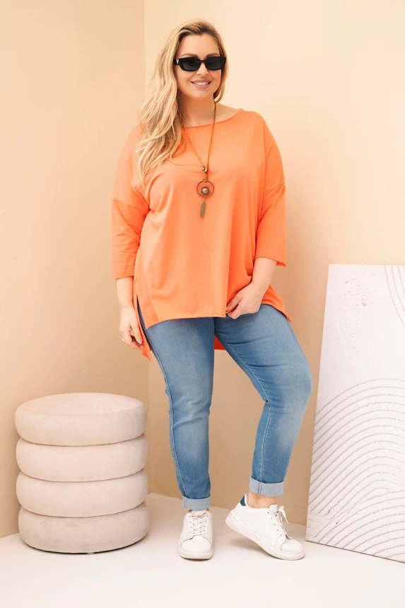 37999_1 Moteriška medvilninė bluzonė Plus Size asimetrinė su kaklo papuošalu persikų - Image 3