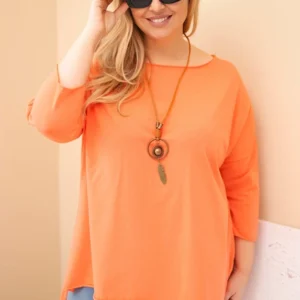 Moteriška medvilninė bluzonė Plus Size asimetrinė su kaklo papuošalu persikų