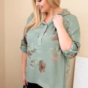 Moteriška bluzonė Plus Size su kapuce ir gėlių raštu khaki