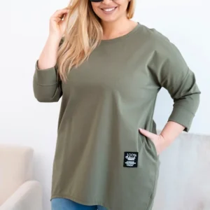 Moteriška bluzonė Plus Size su ilgesniu nugara ir ilgomis rankovėmis khaki