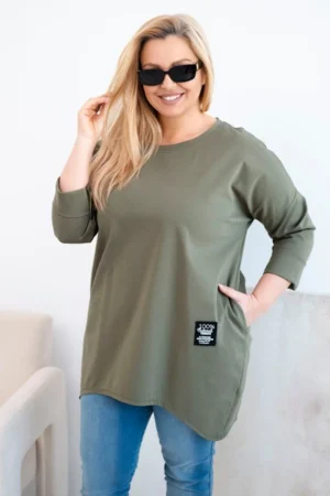 Moteriška bluzonė Plus Size su ilgesniu nugara ir ilgomis rankovėmis khaki
