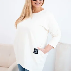 Moteriška Plus Size palaidinė su ilgesne nugara ir ilgomis rankovėmis šviesiai bežinė