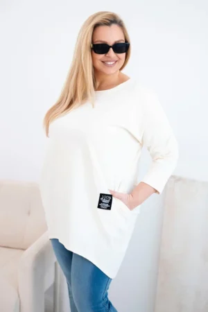 Moteriška Plus Size palaidinė su ilgesne nugara ir ilgomis rankovėmis šviesiai bežinė