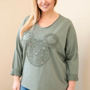 Moteriška medvilninė bluzonė Plus Size su V formos iškirpte khaki