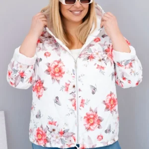Pavasarinė moteriška pamušalinė striukė Plus Size su gobtuvu ir gėlių raštu
