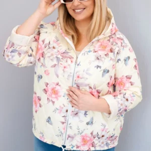 Pavasarinė moteriška pamušalinė striukė Plus Size su gobtuvu ir gėlių raštu