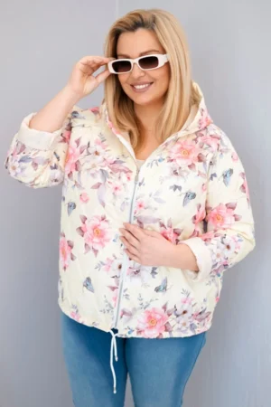Pavasarinė moteriška pamušalinė striukė Plus Size su gobtuvu ir gėlių raštu