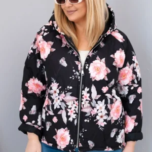 Pavasarinė moteriška pamušalu striukė Plus Size su gobtuvu ir gėlių raštu