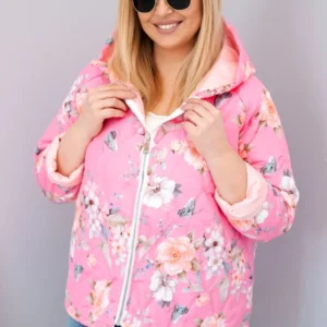 Pavasarinė moteriška pamušalu kurtka Plus Size su gobtuvu ir gėlių raštu šviesiai