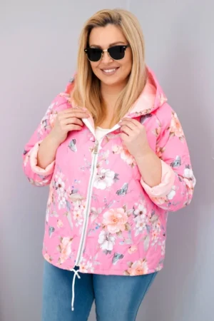 Pavasarinė moteriška pamušalu kurtka Plus Size su gobtuvu ir gėlių raštu šviesiai