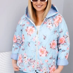 Pavasarinė moteriška puffer striukė Plus Size su gobtuvu ir gėlių raštu