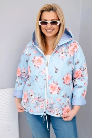 Pavasarinė moteriška puffer striukė Plus Size su gobtuvu ir gėlių raštu