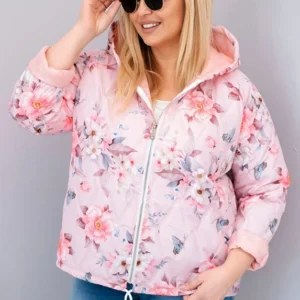Moteriška pavasarinė pamušalu striukė Plus Size su gaubtu ir gėlių raštu