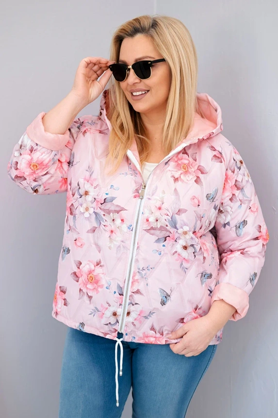 38089_3 Moteriška pavasarinė pamušalu striukė Plus Size su gaubtu ir gėlių raštu