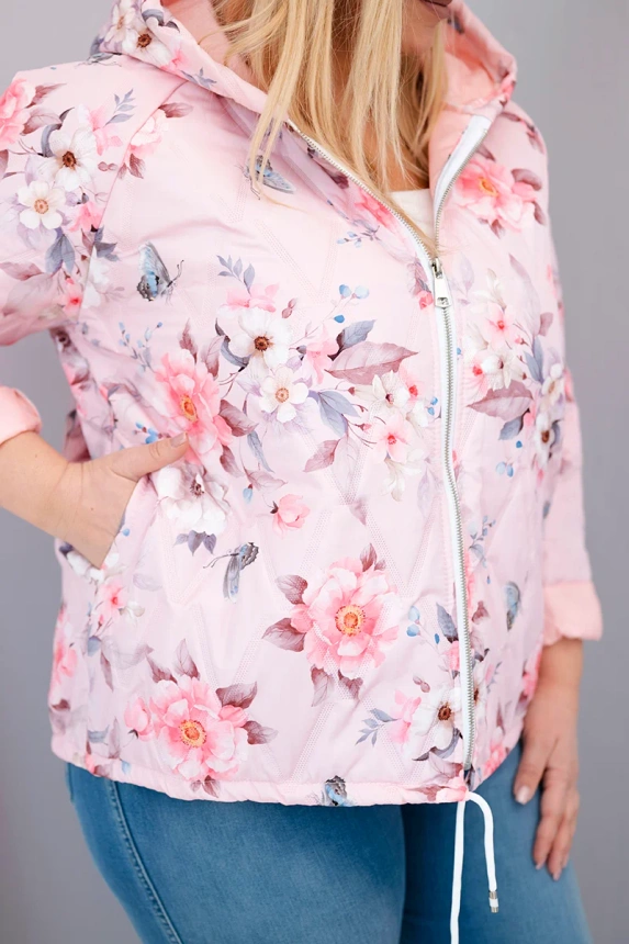 38089_4 Moteriška pavasarinė pamušalu striukė Plus Size su gaubtu ir gėlių raštu - Image 4