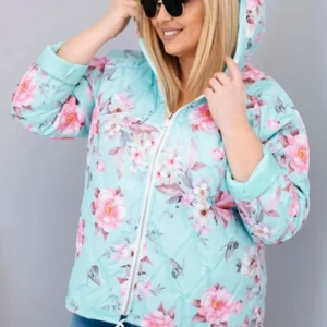Pavasarinė moterų pamušalinė striukė Plus Size su gobtuvu ir gėlių raštu