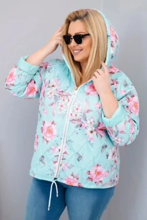 Pavasarinė moterų pamušalinė striukė Plus Size su gobtuvu ir gėlių raštu