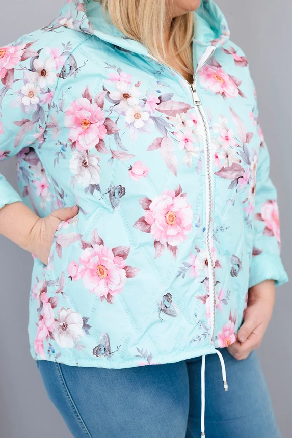 38090_4 Pavasarinė moterų pamušalinė striukė Plus Size su gobtuvu ir gėlių raštu - Image 4