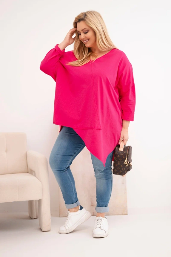 38100_1 Moteriška medvilninė bluzonė Plus Size su asimetrišku apačiu ir V formos iškirpte - Image 2