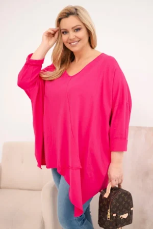 Moteriška medvilninė bluzonė Plus Size su asimetrišku apačiu ir V formos iškirpte