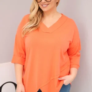 Moteriška medvilninė bluzonė Plus Size su giliu V formos iškirpimu ir asimetriniu apdailos kraštu persikų