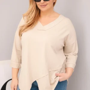 Moteriška medvilninė bluzonė Plus Size su giliu V formos iškirpimu ir asimetriniu apačiu bežinė