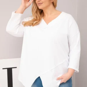 Moteriška medvilninė Plus Size palaidinė su giliu V formos iškirpimu ir asimetrine apačia