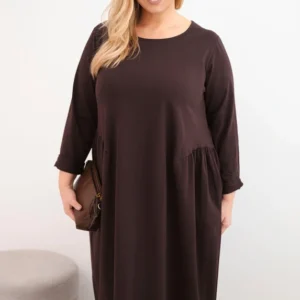 Moteriška suknelė Plus Size medvilninė su ilgomis rankovėmis ir susiraukšlėjimu liestyje