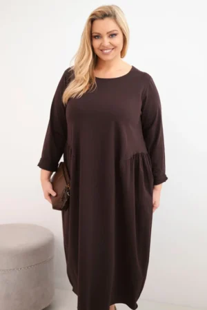Moteriška suknelė Plus Size medvilninė su ilgomis rankovėmis ir susiraukšlėjimu liestyje
