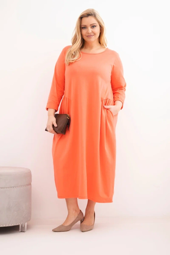 38123_1 Moteriška suknelė Plus Size medvilninė su ilgomis rankovėmis ir raukšlėmis juosmens, persikinė - Image 2