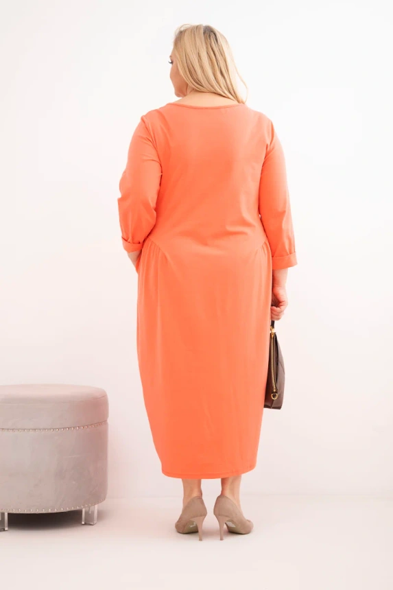 38123_2 Moteriška suknelė Plus Size medvilninė su ilgomis rankovėmis ir raukšlėmis juosmens, persikinė - Image 3