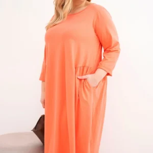 Moteriška suknelė Plus Size medvilninė su ilgomis rankovėmis ir raukšlėmis juosmens, persikinė