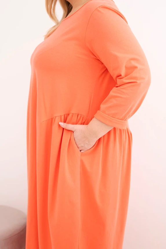 38123_4 Moteriška suknelė Plus Size medvilninė su ilgomis rankovėmis ir raukšlėmis juosmens, persikinė - Image 4