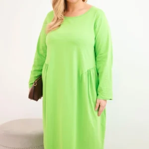 Moteriška Plus Size medvilninė suknelė su ilgomis rankovėmis ir susiraukšlėjimu juosmenyje šviesiai