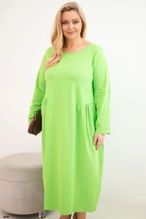 Moteriška Plus Size medvilninė suknelė su ilgomis rankovėmis ir susiraukšlėjimu juosmenyje šviesiai
