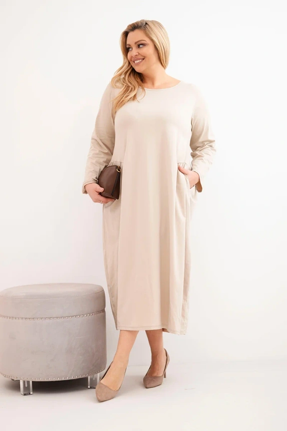 38125_1 Moteriška suknelė Plus Size medvilninė su ilgomis rankovėmis ir raukiniais juosmens bežinė - Image 2