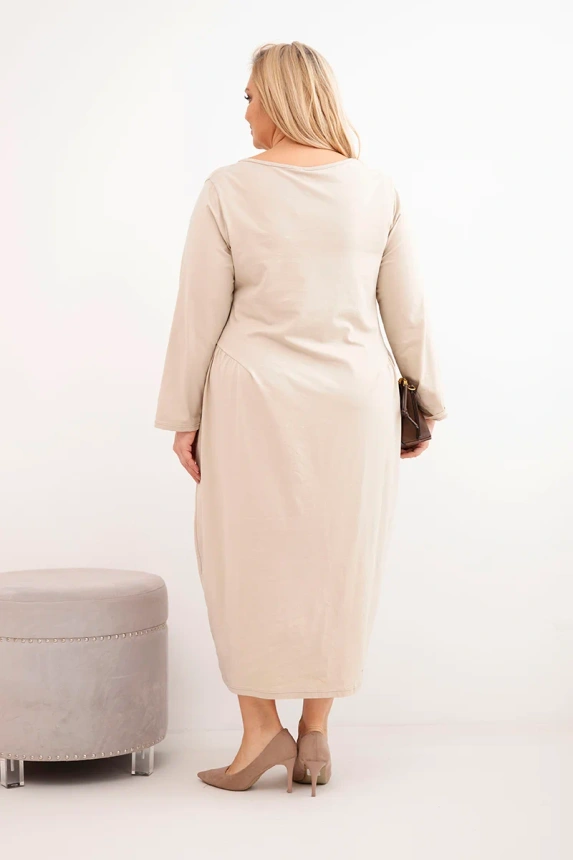 38125_2 Moteriška suknelė Plus Size medvilninė su ilgomis rankovėmis ir raukiniais juosmens bežinė - Image 3