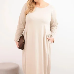 Moteriška suknelė Plus Size medvilninė su ilgomis rankovėmis ir raukiniais juosmens bežinė