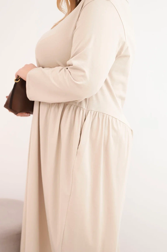 38125_4 Moteriška suknelė Plus Size medvilninė su ilgomis rankovėmis ir raukiniais juosmens bežinė - Image 4