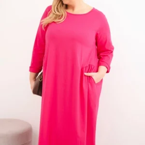 Moteriška plius dydžio medvilninė suknelė su ilgomis rankovėmis ir raukšlėmis liemenyje